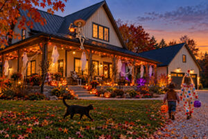 A barndominium dressed up for Halloween